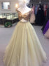 A Line Two Piece Tulle Off The Shoulder Beadings Prom Dress LBQ3034
